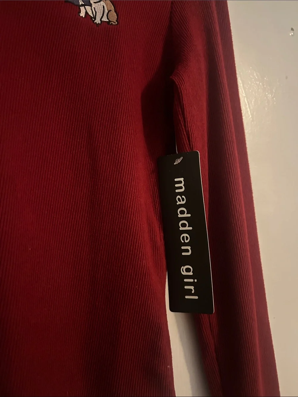 Madden Girl Burgundy Button-Front Ribbed Cardigan with Bulldog Patch